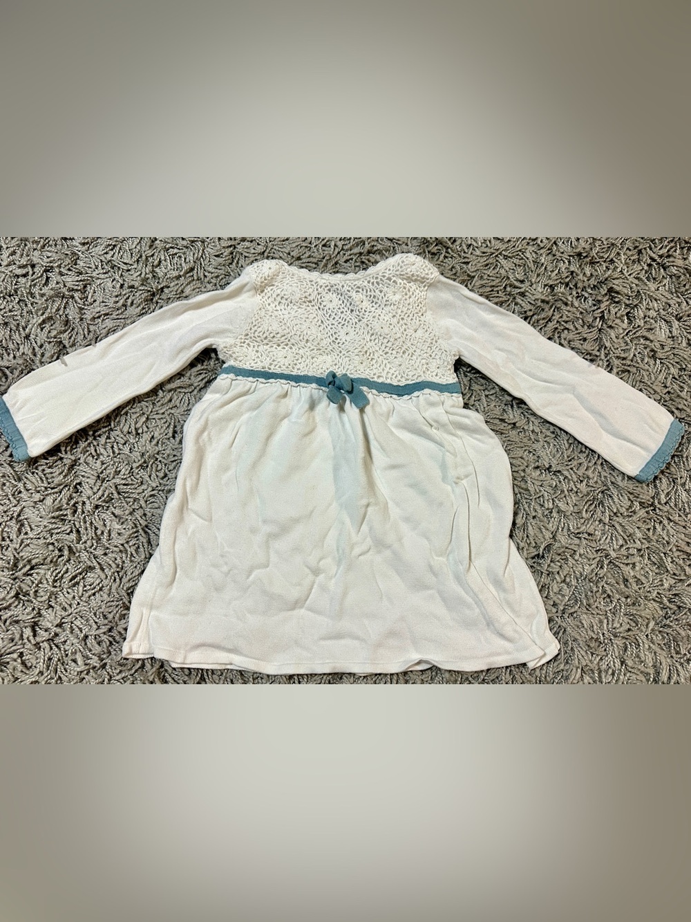 Janie and Jack Cream Knit Dress with Blue Waist Bow